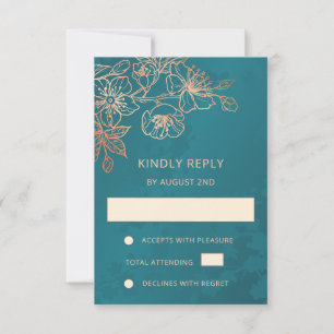 Convite de Casamento Rosa Dourado Floral Teal RSVP
