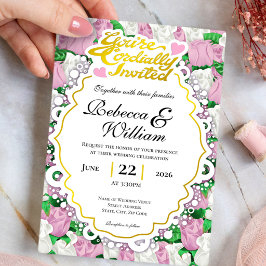 Convite de Casamento Rosa e Branco - Letras Dourad