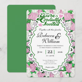 Convite de Casamento Rosa e Branco - Letras Verdes
