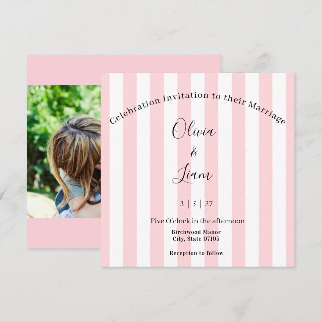 Convite de Casamento Rosa e Branco Listra Foto  (Frente/Verso)