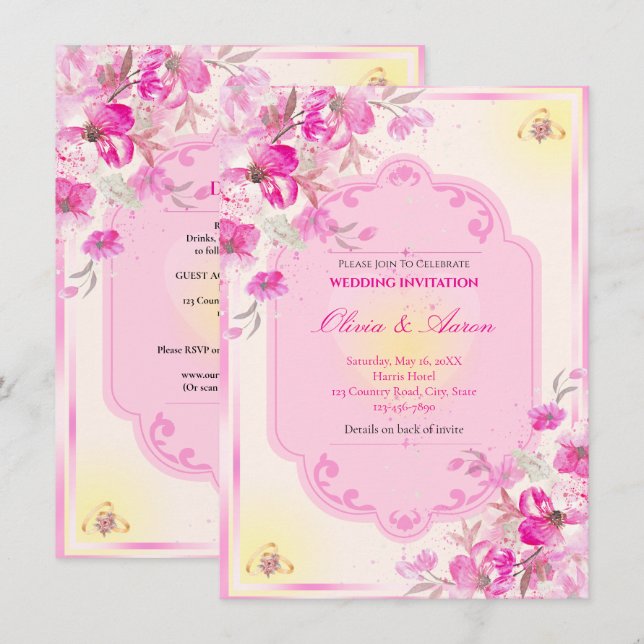 Convite de Casamento Rosa e Dourado Vibrante (Frente/Verso)