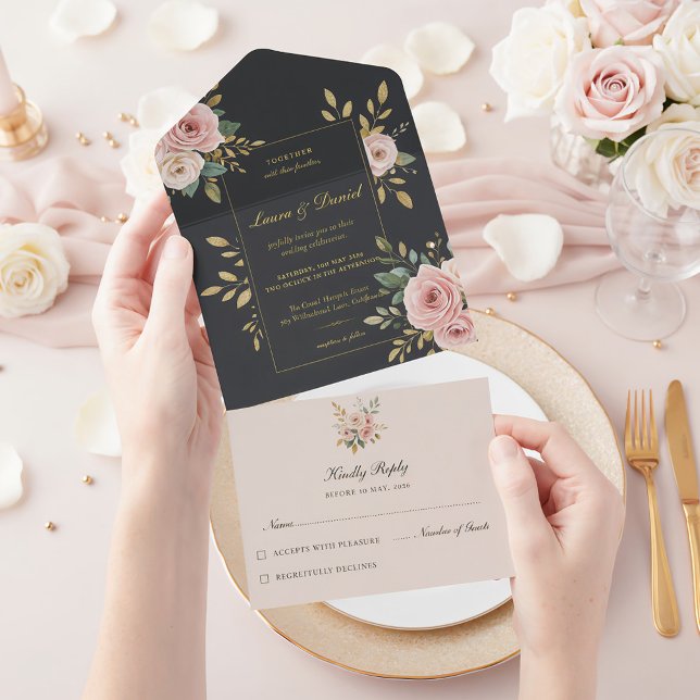 Convite de Casamento Rosa e Preto Tudo em Um (Criador carregado)