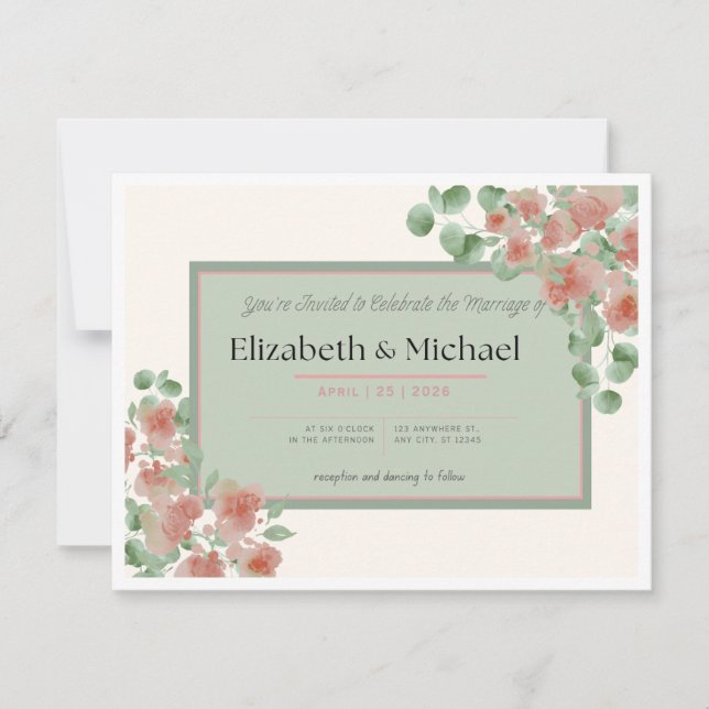 Convite de Casamento Rosa e Verde Elegante (Frente)