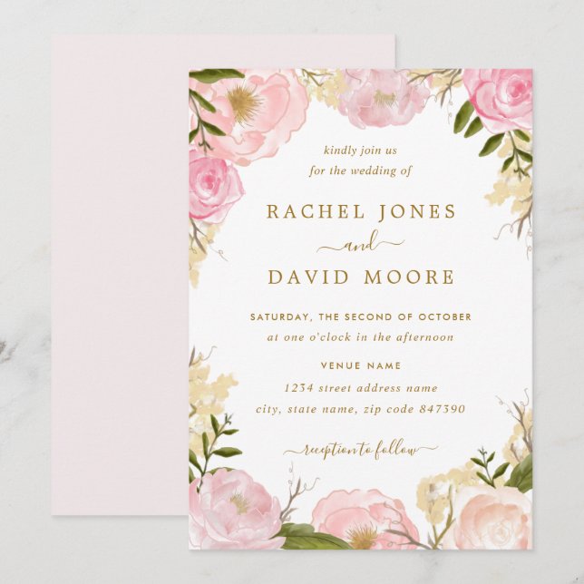 Convite de Casamento Rosa Elegante (Frente/Verso)