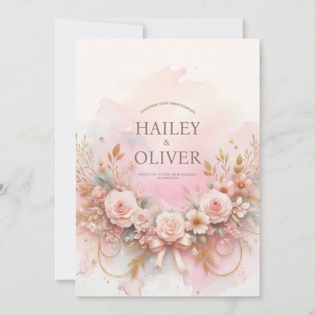 Convite de Casamento Rosa em Aquarela Pastel (Verso)