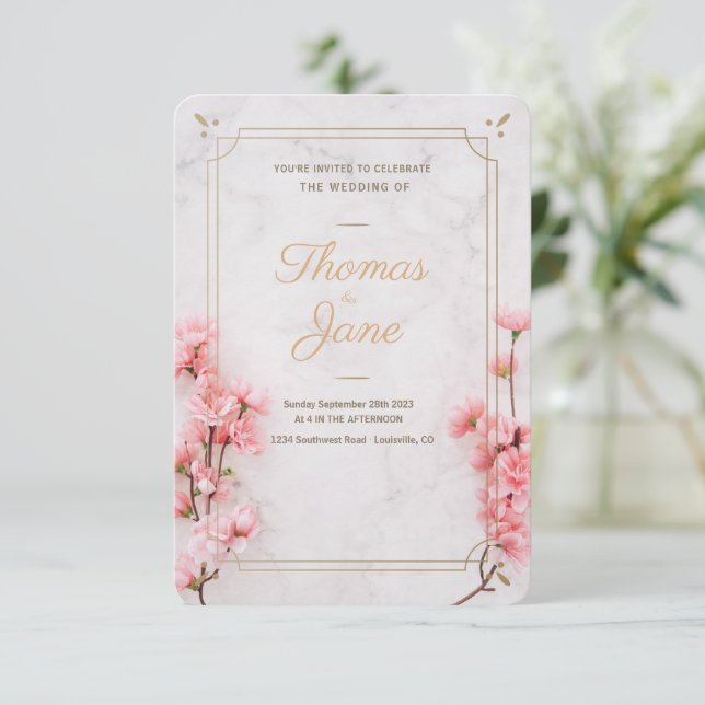 Convite de Casamento Rosa Flor de Cerejeira Mármor (Em pé/Frente)