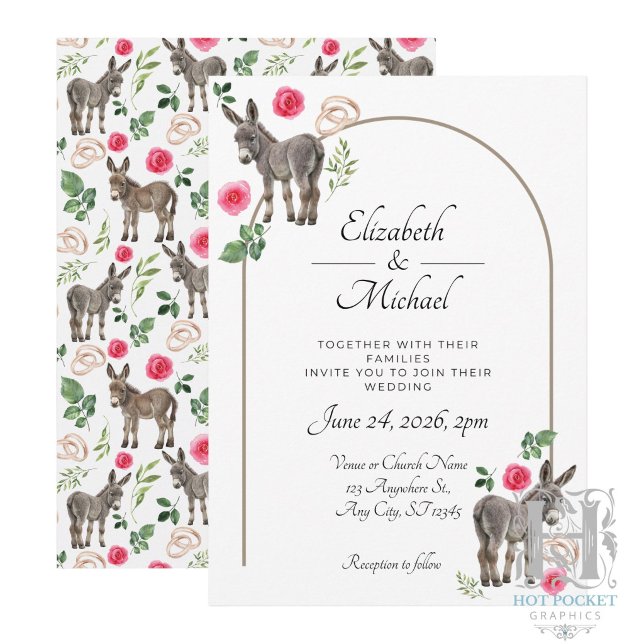 Convite de Casamento Rosa Floral Burro Rústico (Criador carregado)