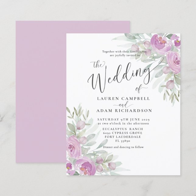 Convite de Casamento Rosa Floral Rústico Econômico (Frente/Verso)