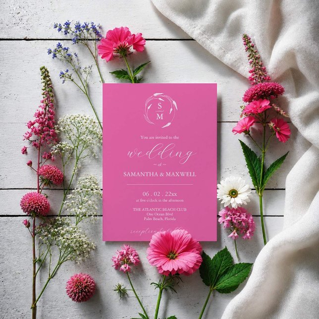 Convite de Casamento Rosa Fúcsia com Código QR (Dark pink wedding invitations designed with hand drawn floral line art by Do Tell A Belle)