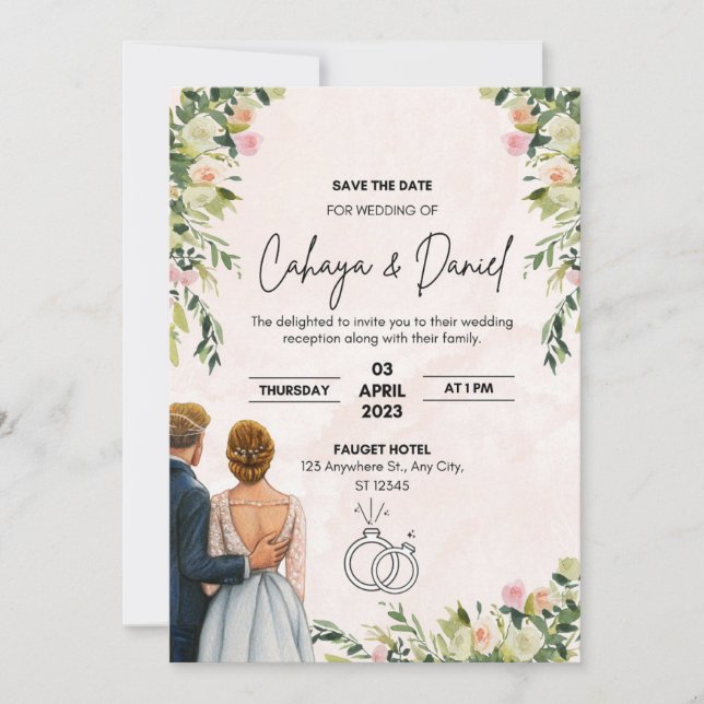 Convite de casamento rosa ilustrado (Frente)