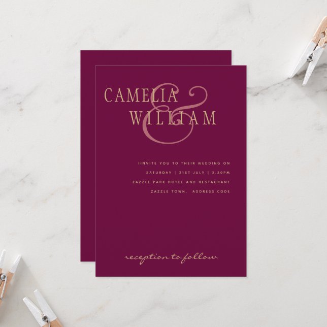 Convite de casamento Rosa LeahG Magenta Berry (Frente/Verso In Situ)