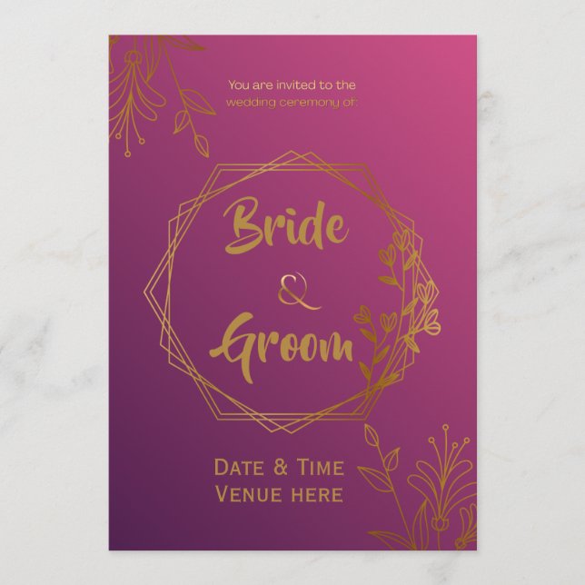 Convite de Casamento Rosa Magenta e Dourado Real (Frente)