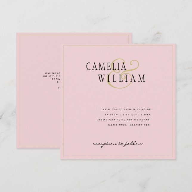 Convite de Casamento Rosa Moderno Acanhado (Frente/Verso)