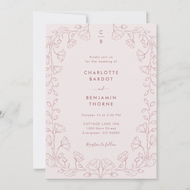 Convite de Casamento Rosa Monogramado (Frente)