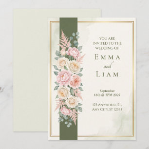 Convite de Casamento Rosa Oliva Verde Dourado