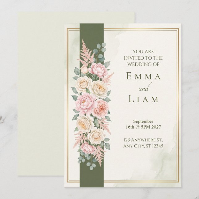 Convite de Casamento Rosa Oliva Verde Dourado (Frente/Verso)