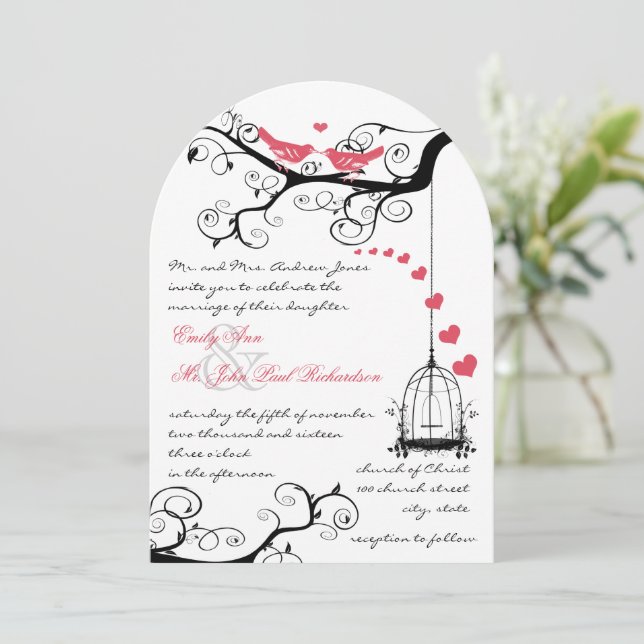 Convite de Casamento Rosa Pássaros do Amor Moderno (Em pé/Frente)