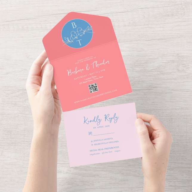 Convite de Casamento Rosa Pastel Azul Tudo em Um (Aba destacável)
