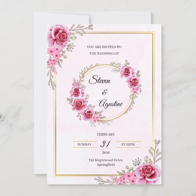 Convite de Casamento Rosa Personalizado | Editável (Frente)