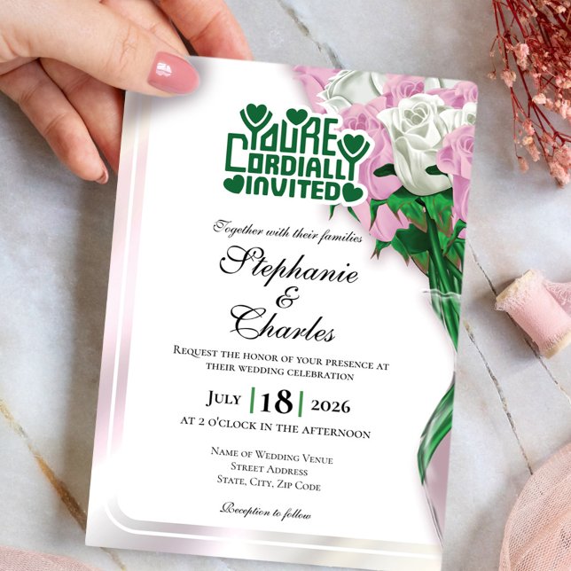 Convite de Casamento Rosa Pink - Letra Verde 4 (Pink and White roses in vase wedding invite design with green heading)
