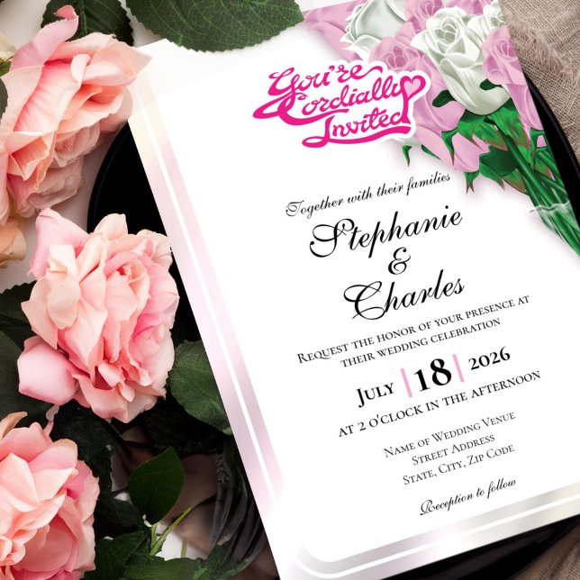 Convite de Casamento Rosa Pink - Letreiro Rosa 2 (Pink and White roses in vase wedding invite design with pink heading)