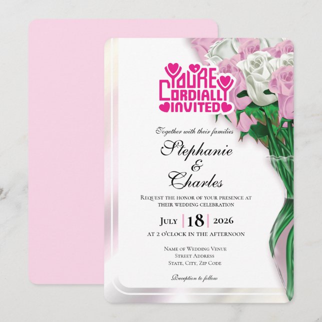 Convite de Casamento Rosa Pink - Letreiro Rosa 4 (Frente/Verso)