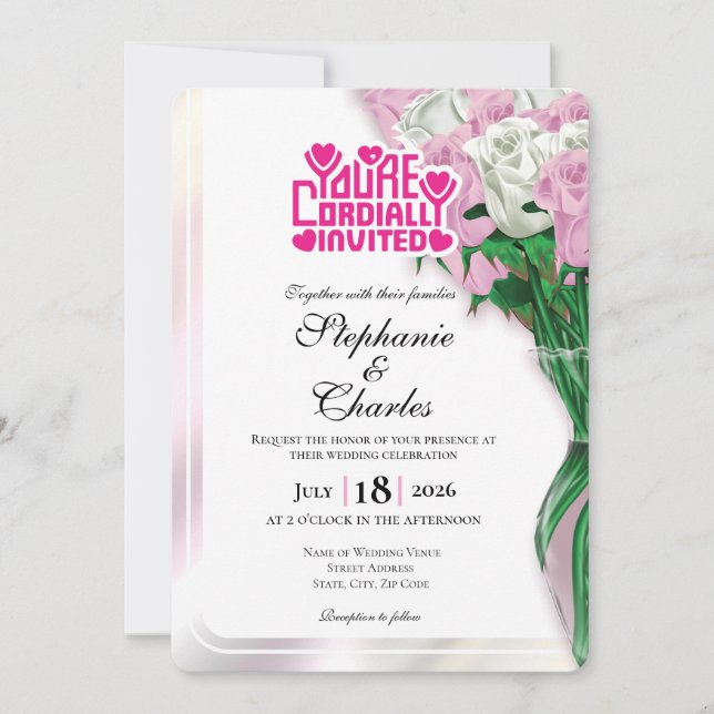 Convite de Casamento Rosa Pink - Letreiro Rosa 4 (Frente)