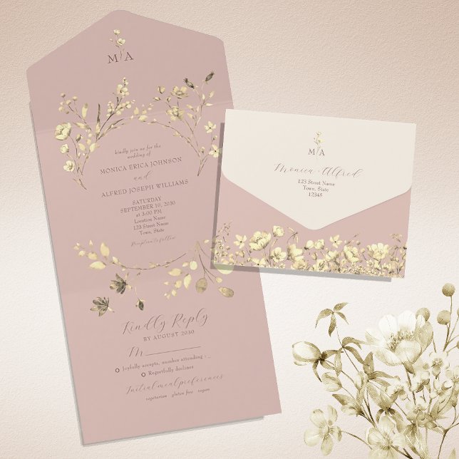 Convite de Casamento Rosa Romântico Tudo-em-Um (Criador carregado)