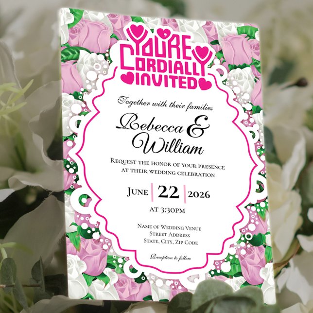 Convite de Casamento Rosa & Rosa Branca - Letras R (Pink and White rose background with decorative border wedding invite design with pink heading)