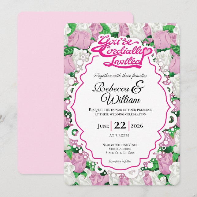 Convite de Casamento Rosa & Rosa Branca - Letras R (Frente/Verso)