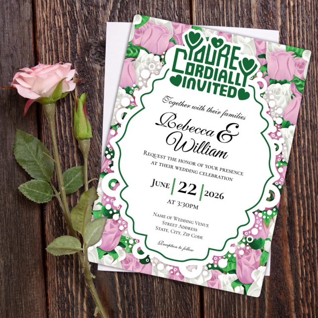 Convite de Casamento Rosa Rosa & Branca - Letras V (Pink and White rose background with decorative border wedding invite design with green heading)