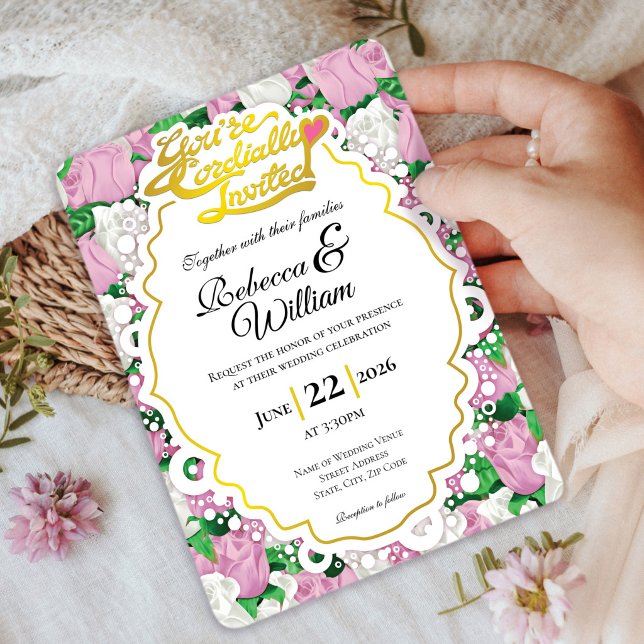 Convite de Casamento Rosa Rosa e Branca - Letras D (Pink and White rose background with decorative border wedding invite design with gold heading)