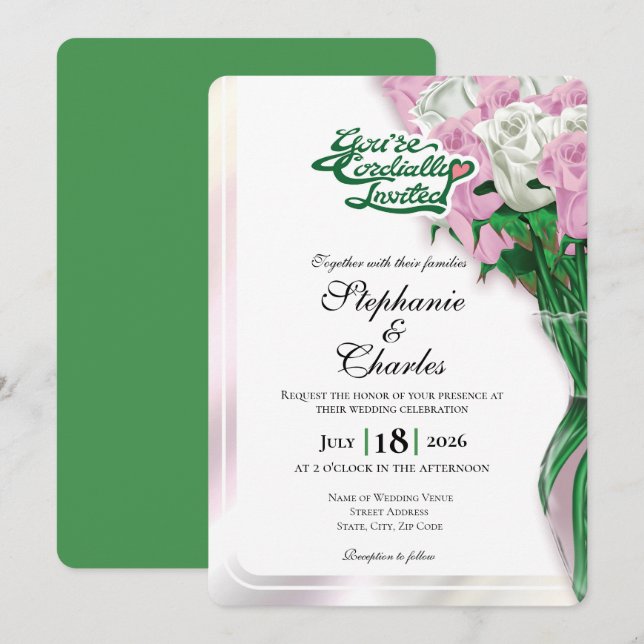 Convite de Casamento Rosa Rosa - Letra Verde 2 (Frente/Verso)
