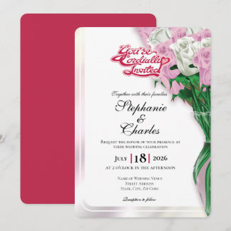 Convite de Casamento Rosa Rosa - Letreiro Vermelho