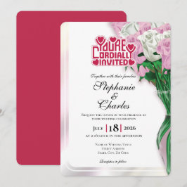 Convite de Casamento Rosa Rosa - Letreiro Vermelho
