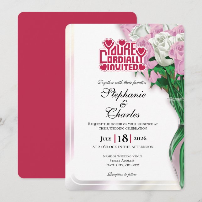 Convite de Casamento Rosa Rosa - Letreiro Vermelho (Frente/Verso)
