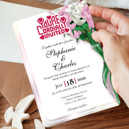 Convite de Casamento Rosa Rosa - Letreiro Vermelho