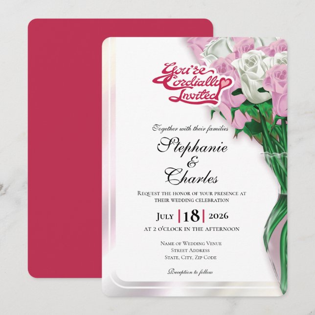 Convite de Casamento Rosa Rosa - Título Vermelho # (Frente/Verso)