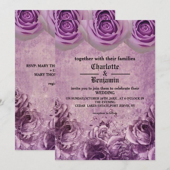 Convite de Casamento Rosa Roxa Gótico (Frente/Verso)