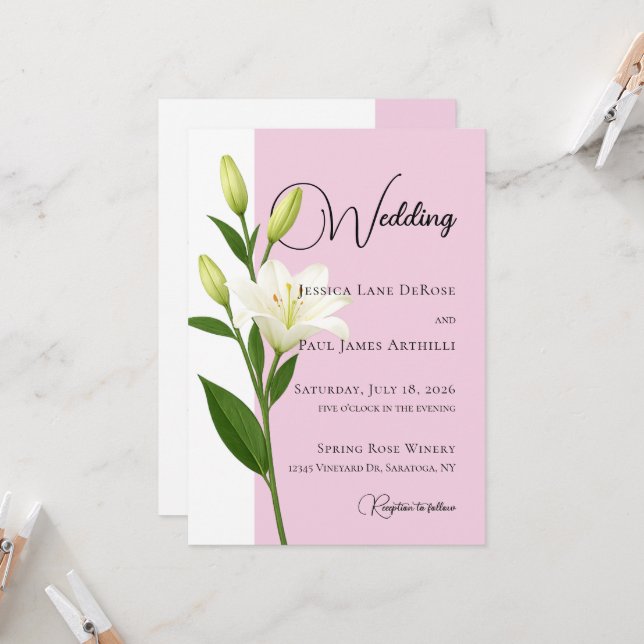 Convite de Casamento Rosa Suave Branco Lírio (Frente/Verso In Situ)