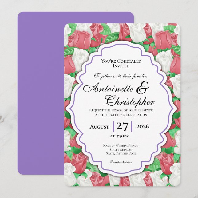 Convite de Casamento Rosa Vermelha e Branca - Bord (Frente/Verso)