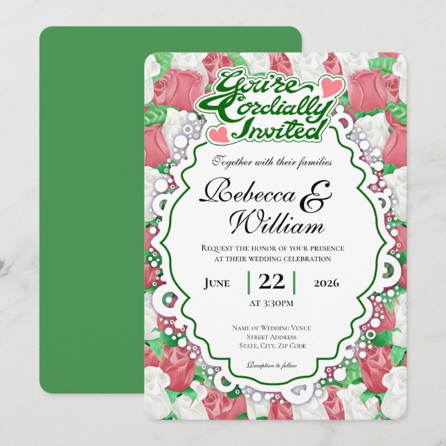 Convite de Casamento Rosa Vermelha e Branca - Letr (Frente/Verso)