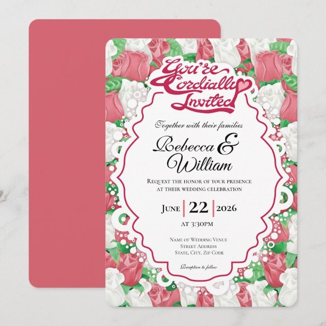 Convite de Casamento Rosa Vermelha e Branca - Letr (Frente/Verso)