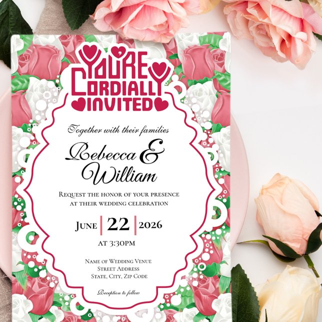 Convite de Casamento Rosa Vermelha e Branca - Letr (Red and White rose background with decorative border wedding invite design with red heading)