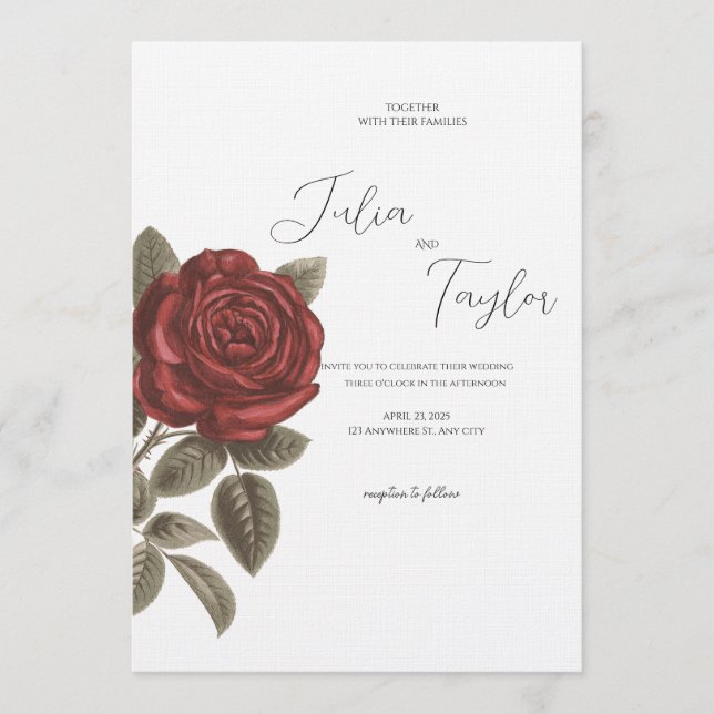Convite de Casamento Rosa Vermelha Elegante (Frente)
