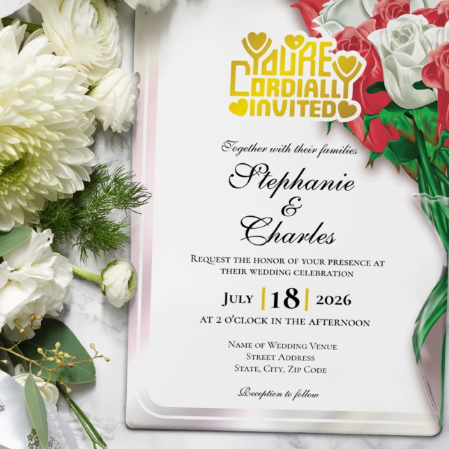 Convite de Casamento Rosa Vermelha - Letra Dourada (Red and White roses in vase wedding invite design with gold heading)