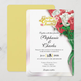 Convite de Casamento Rosa Vermelha - Letras Dourad