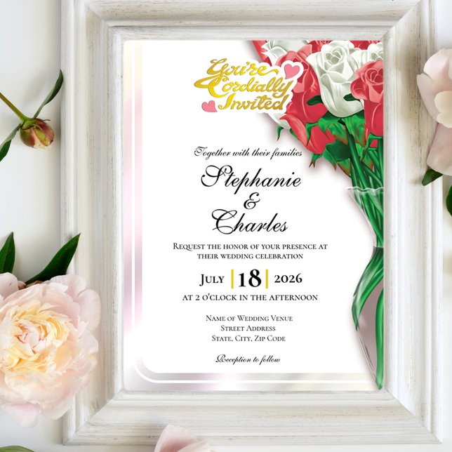 Convite de Casamento Rosa Vermelha - Letras Dourad (Criador carregado)
