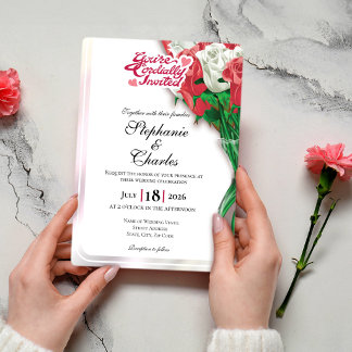 Convite de Casamento Rosa Vermelha - Letras Vermel