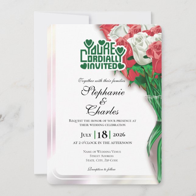 Convite de Casamento Rosa Vermelha - Letreiro Verd (Frente)